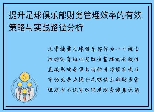 提升足球俱乐部财务管理效率的有效策略与实践路径分析