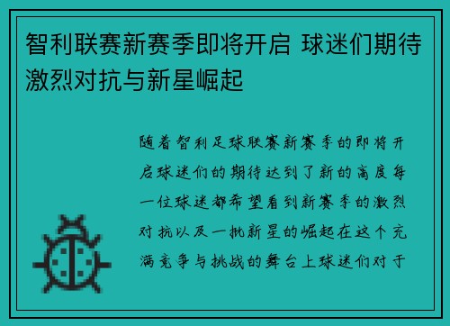 智利联赛新赛季即将开启 球迷们期待激烈对抗与新星崛起