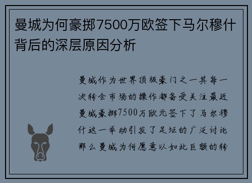 曼城为何豪掷7500万欧签下马尔穆什背后的深层原因分析