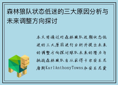 森林狼队状态低迷的三大原因分析与未来调整方向探讨